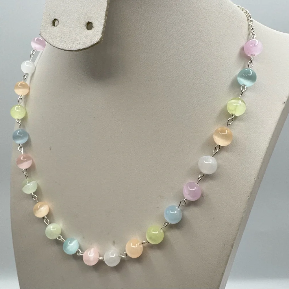New Selenite Bead Necklace Pastel Multicolor Silver Tone Chain